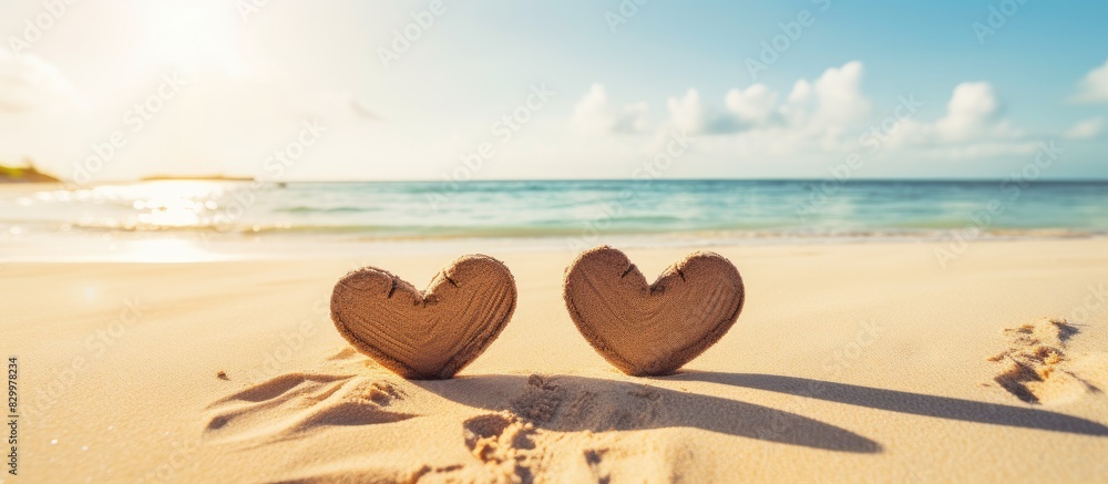 Sticker a hand drawn shape of three hearts is beautifully etched on the sandy shore of a tropical beach symb