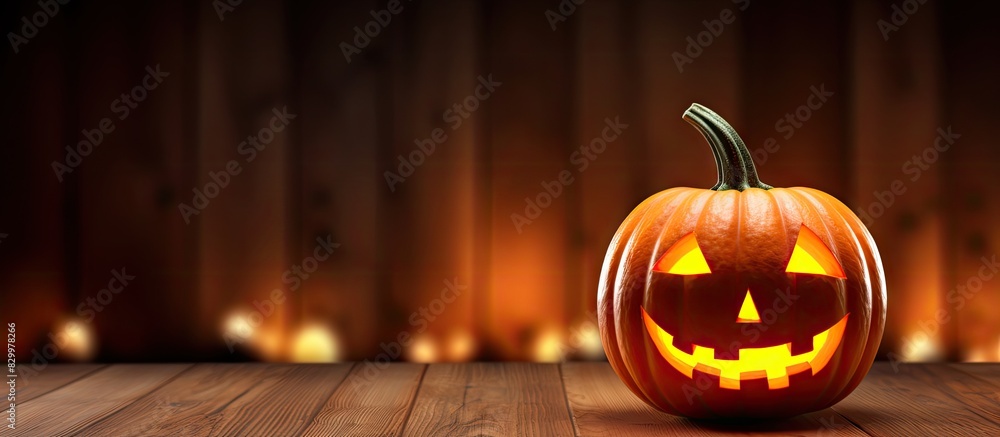 Poster a halloween pumpkin head jack o lantern placed on a wooden background providing ample copy space for