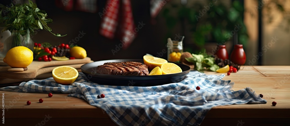Poster copy space image of a kitchen table with a frying pan containing a cooked steak garnished with lemon