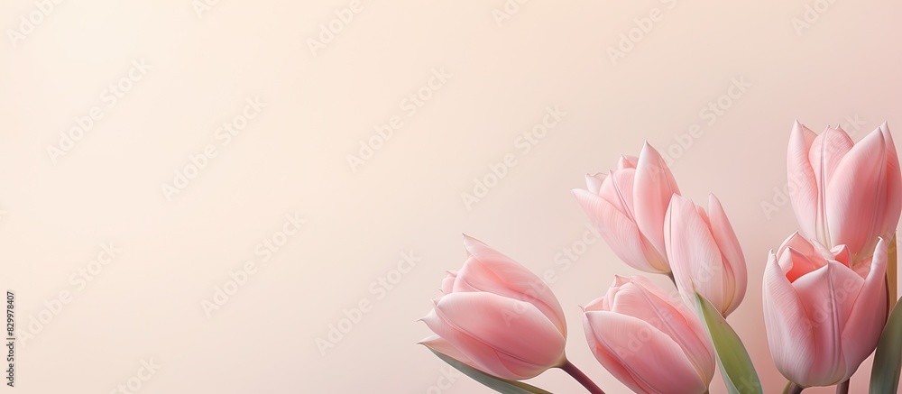 Poster a close up image of pink tulip flowers with a beige background providing ample copy space it serves 