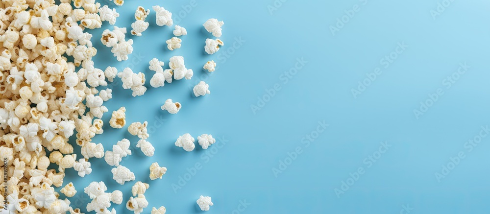 Poster The blue background is covered in scattered popcorn forming a frame This copy space image is perfect for filming movies TV series and cartoons providing a delicious touch and a top down perspective