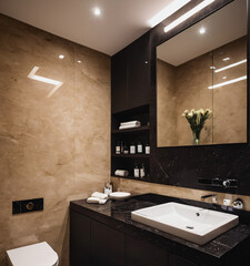 Modern Black Marble Bathroom with Wooden Accents and Glass Shower Enclosure