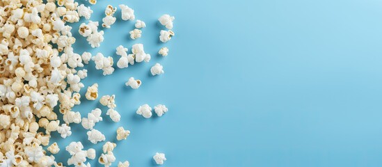 The blue background is covered in scattered popcorn forming a frame This copy space image is perfect for filming movies TV series and cartoons providing a delicious touch and a top down perspective