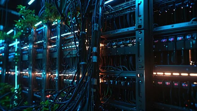 Fiber optic cables linked to optical ports and UTP network cables connected to Ethernet ports provide network connectivity.