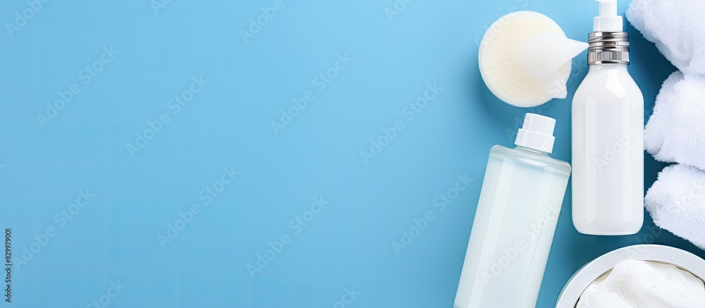 Poster hygienic care products for body and skin packaged in white displayed on a blue background flat lay s