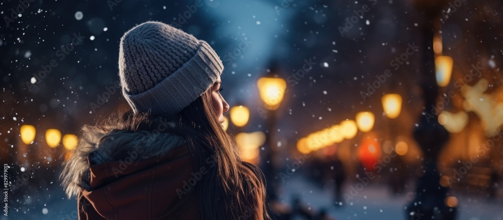 Poster a girl in fashionable winter attire looks up with her hand at her head against the backdrop of a win