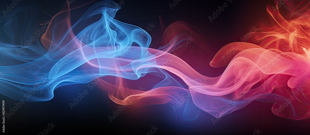 Poster A colorful mist of spiritual energy in neon pink blue and orange lights gently flows like steam creating an abstract backdrop on a dark black surface with ample copy space for text or images