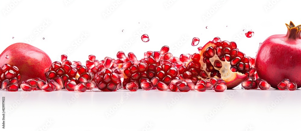 Poster copy space image of isolated pomegranate seeds on a white background
