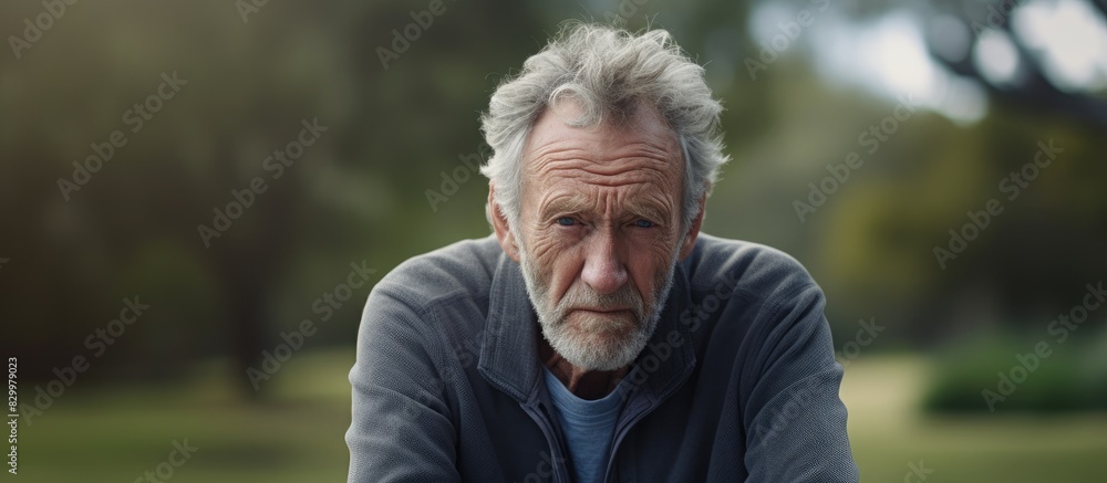 Poster an elderly caucasian man looking sad and stressed is shown in a park outdoors the image provides spa