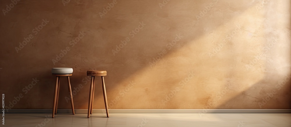 Poster Indoor next to a brown wall there is a chic stool There is enough space on the wall for adding text or images. with copy space image. Place for adding text or design