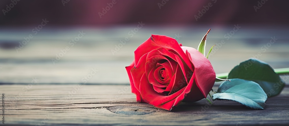 Poster A close up macro image of a red Valentine s rose placed on a rustic wooden background providing ample space for copy or text