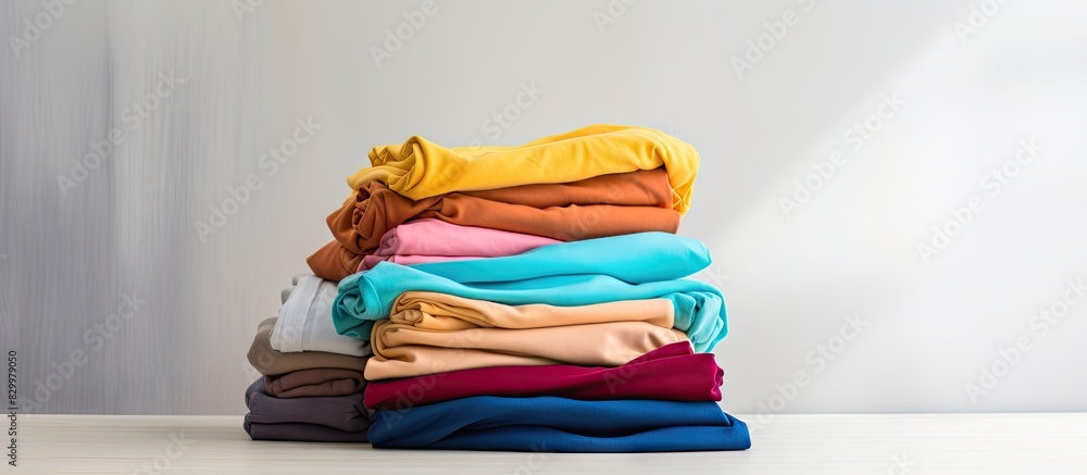 Poster A pile of colorful cotton clothes neatly folded on a white table with an empty copy space for placement