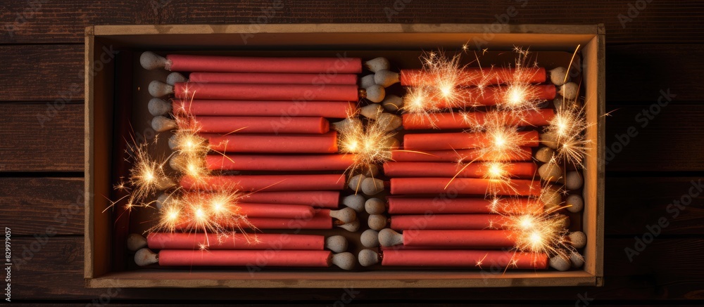 Poster top down view of firecrackers neatly arranged in a cardboard box with a wooden backdrop offering a b