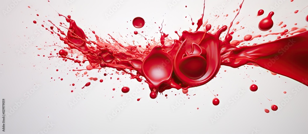 Poster An abstract red substance is splattered on a white surface creating an eye catching composition with ample copy space for additional elements or text