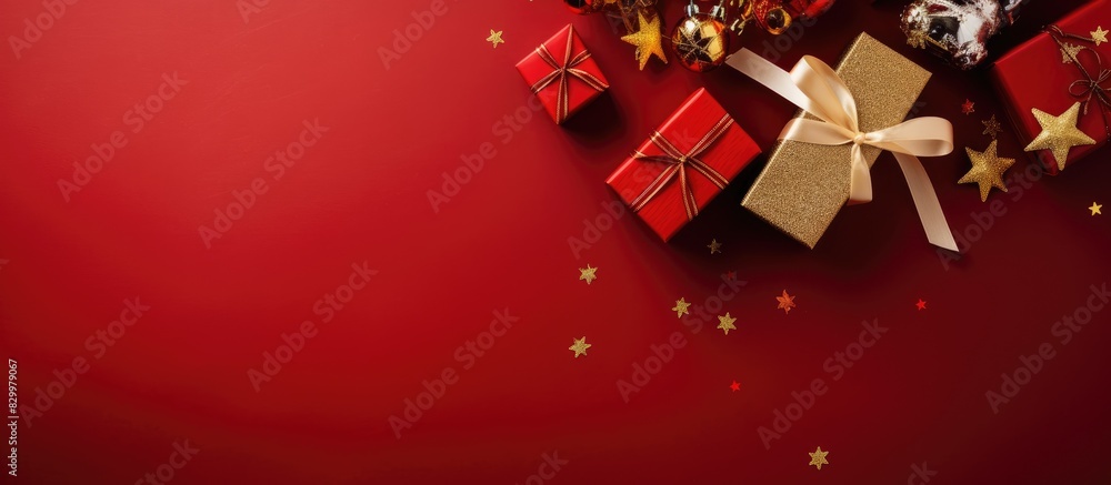 Poster A flat lay image with gift boxes Christmas decorations and a red background offering ample copy space for text