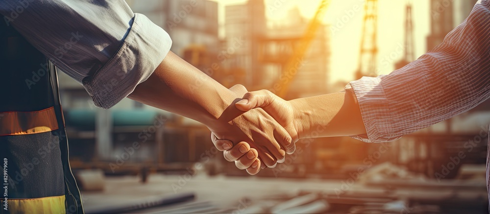 Poster Construction workers engaging in a collaborative handshake while displaying commitment and teamwork Contractual agreement symbolizing merger concept Copy space image