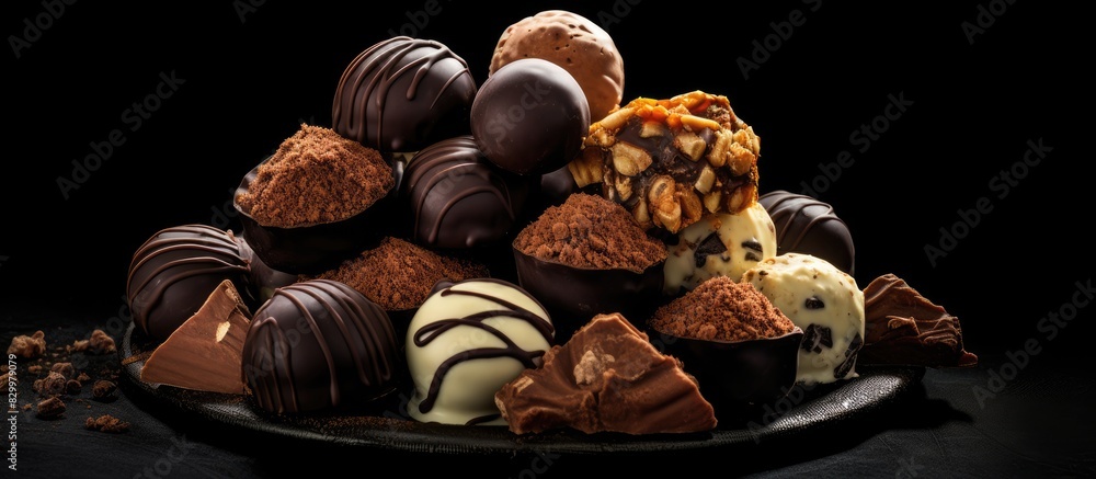 Poster a copy space image featuring handmade truffle candies displayed on a black background