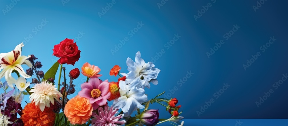 Poster a gorgeous arrangement of flowers set against a vibrant blue backdrop creating a stunning copy space
