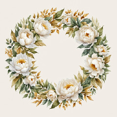 Floral Frame of White Peonies and Golden Leaves in Circular Formation on White Background. Concept: Elegance, Botanical Design. 
