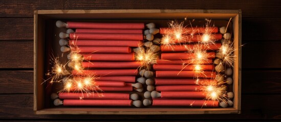 Top down view of firecrackers neatly arranged in a cardboard box with a wooden backdrop offering a blank space for additional elements in the image