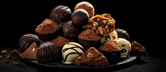 A copy space image featuring handmade truffle candies displayed on a black background