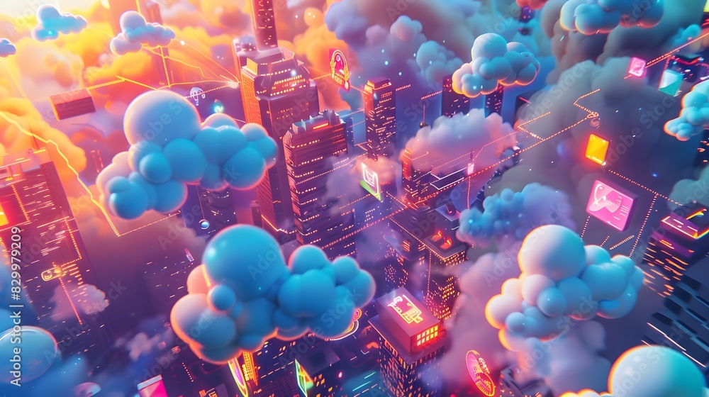 Poster a vibrant scene of cloud computing services, depicted as data and applications floating seamlessly b