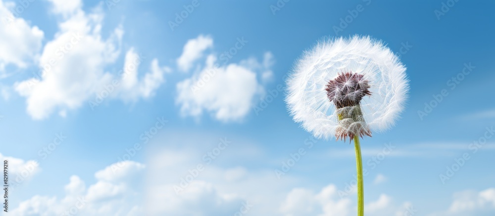 Poster A dandelion flower with white fluff stands out against a cloudy sky creating a beautiful copy space image