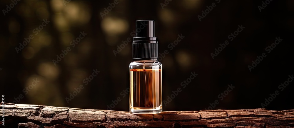 Aufkleber A dropper bottle displayed on a brown background resting on a tree trunk slice with plenty of copy space