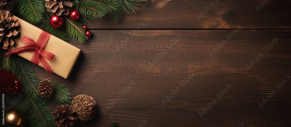 Poster top view of a christmas greeting card featuring a festive scene with a fir tree gift boxes and candl