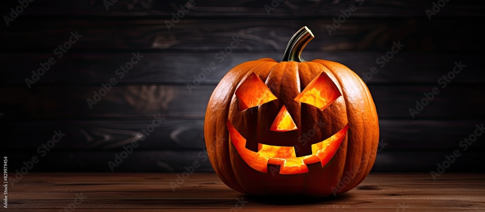 Poster a halloween pumpkin head jack o lantern placed on a wooden background providing ample copy space for