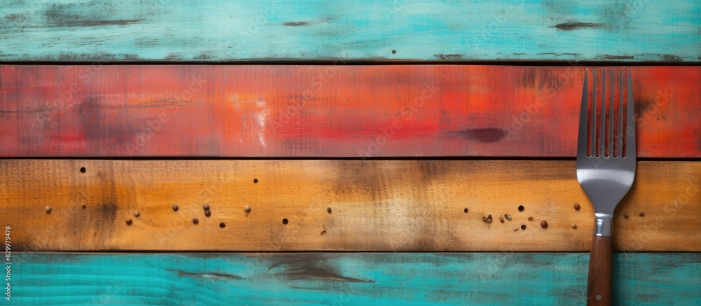 Poster a copy space image featuring wooden utensils with a metal grater and cutting board on a colorful tab