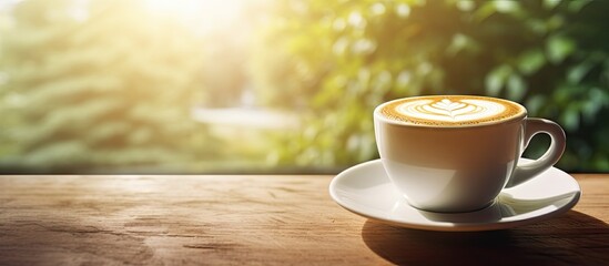 Morning coffee with latte art and coffee beans on a wooden table bathed in sunlight creating a captivating image with ample copy space - Powered by Adobe