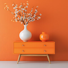 Vase with blooming branches on chest of drawers near orange wall isolated on white background,...