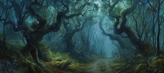 Nightmarish Forest Path Banner - Twisted Trees Whispering Secrets on a Eerie Trail - Perfect for Halloween Design, Print, Card, Poster