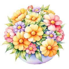 Watercolor Drawing of Multicolored Wildflower Bouquet on White Background