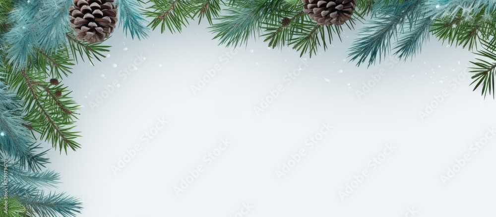 Poster a festive frame template for christmas with green and blue fir branches set against a serene grey ba