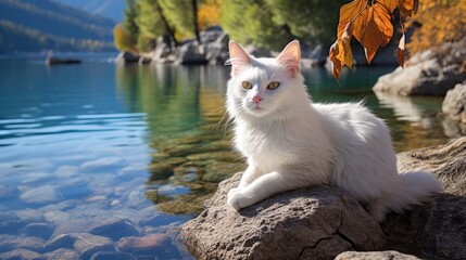 Majestic Turkish Van Cat Swimming in Crystal-Clear Lake Surrounded by Serene Mountains and Trees