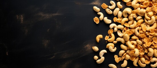 Top view of a pile of peanuts on a dark stone background with a round hole serving as a copy space image The salty beer snack is presented on a black table