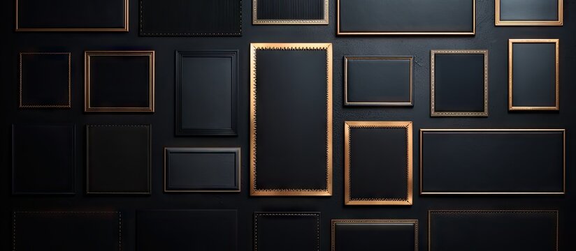 A collection of photo frames with tape placed on a textured black leather background creating a copy space image