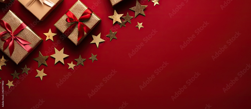 Aufkleber a flat lay image with gift boxes christmas decorations and a red background offering ample copy spac