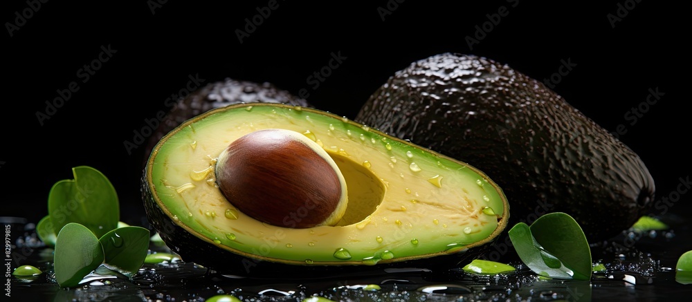 Poster copy space image of fresh ripe avocado on a dark background emphasizing its healthy food concept