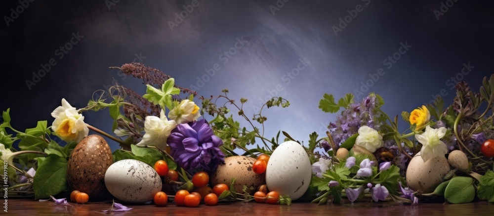 Poster aesthetic arrangement featuring easter eggs foliage and flowers on a luminous backdrop allowing for 