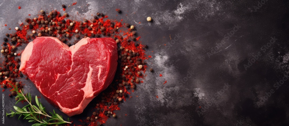 Poster A heart shaped raw beef steak with spices on a stone background a copy space image