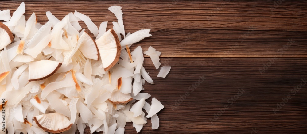 Aufkleber Flat lay of delicious coconut chips placed on a wooden table creating an appetizing display There is ample empty space for text