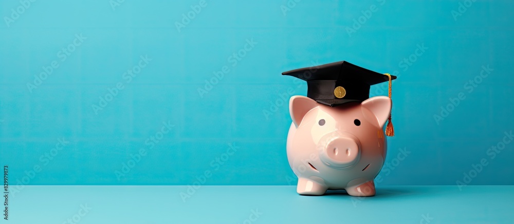 Poster an adorable piggy bank dressed in a graduation cap placed on a blue background representing educatio
