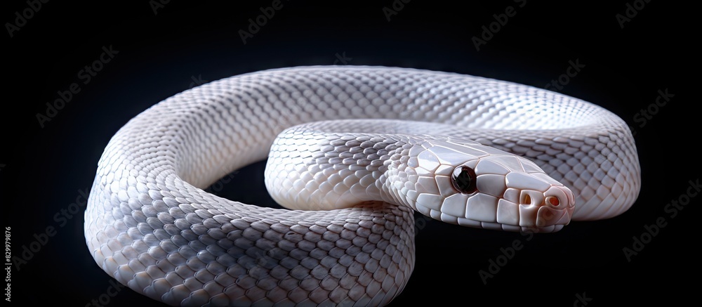 Fototapete Black Albino Rat Snake in a coiled position isolated against a black background with a clipping path for easier removal from the image. with copy space image. Place for adding text or design