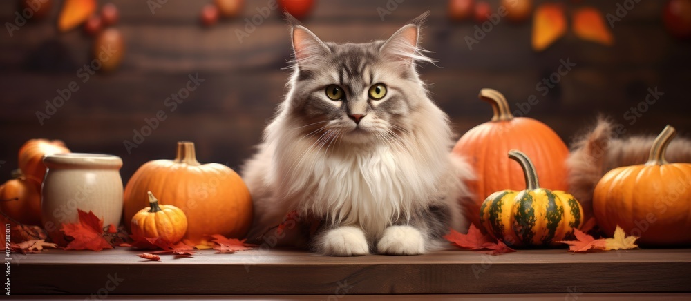 Poster a cat is shown on a thanksgiving autumn background with pumpkins creating a banner with a copy space
