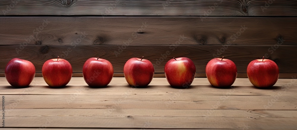Poster An image of apples placed on a weathered wooden floor with empty space surrounding them. with copy space image. Place for adding text or design