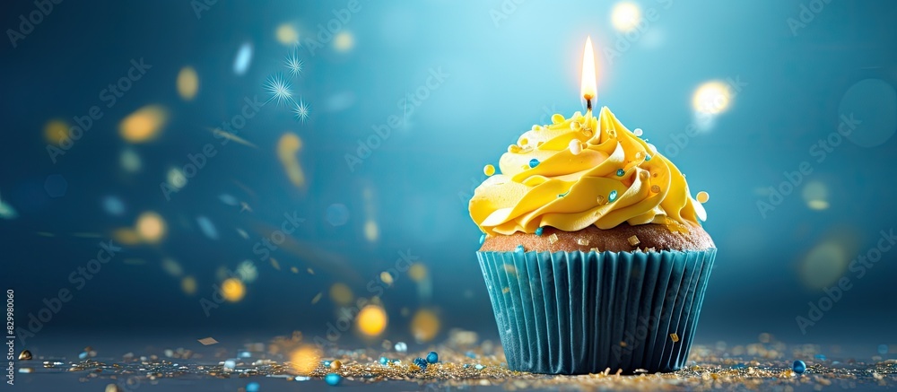 Poster A horizontally oriented image of a yellow birthday cupcake with a lit candle placed on a blue background The cupcake is positioned to the side and there is confetti scattered around it