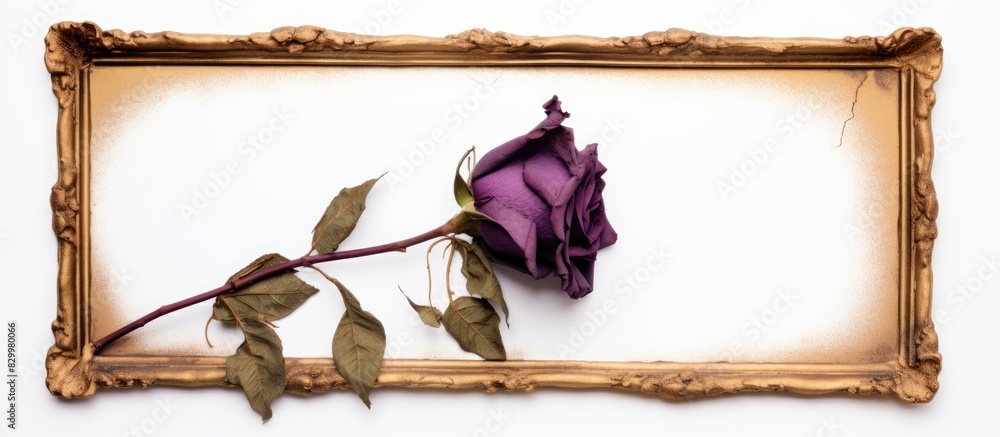 Poster A dried purple rose is displayed in a golden frame against a clean white background allowing for copy space in the image